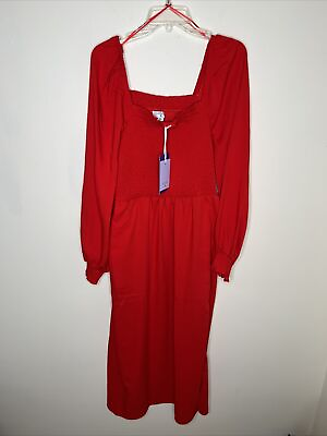 La Ligne Women#x27;s XL Red Long Sleeve Smocked Long Dress New $34.00