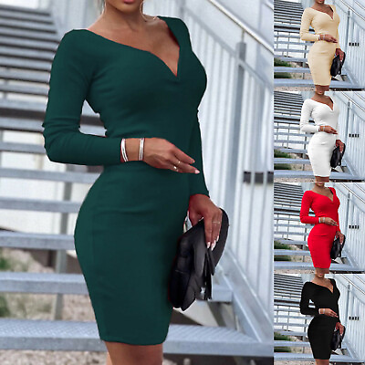 #ad Womens Sexy V Neck Mini Bodycon Dress Ladies Evening Party Dresses Plus Size $22.93