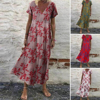 #ad Plus Size Womens Floral Summer Midi Dress Holiday Bohemia V Neck Beach Sundress $21.61