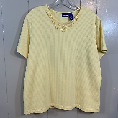 Falls Creek Yellow Plus Lace Ribbed Short Sleeve V Neck Knit T Shirt Top 1X $15.41
