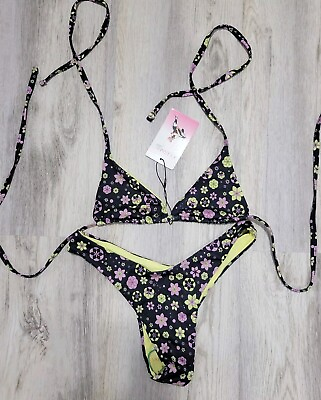 #ad Oceanus Floral Ditzy Triangle Mile High Cut Cheeky Bikini Set Black Size S New $47.99