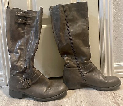 #ad Size 8 Grey Leather Boots with Straps and Zipper Women $10.00