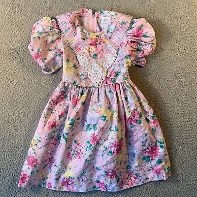 #ad #ad Vintage Rare Editions Party Dress Girls 4 Pink Floral Lace Collar Puff Sleeves $15.00
