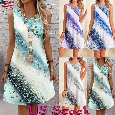 #ad Women Sexy Printed Sleeveless Casual Loose Dress Summer Holiday Beach Sundress $19.43