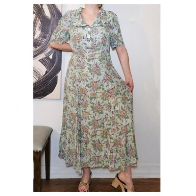 #ad Vintage Laura Ashley Women Green Floral Maxi Dress Short Sleeve Purple Size 12 $137.90