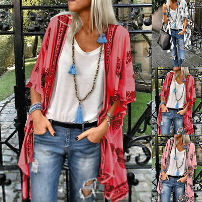#ad Women Holiday Beach Boho Floral Cardigan Bell Sleeve Kimono Summer Cover Up Tops $19.39