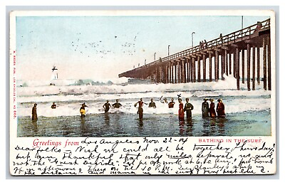 #ad Bathing in the Surf Pier at Long Beach California CA UDB Postcard W12 $2.95
