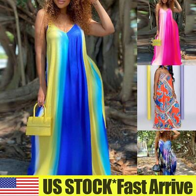 Plus Size Women Strappy Tie Dye Long Dress Summer Holiday Beach Loose Sundress $12.99