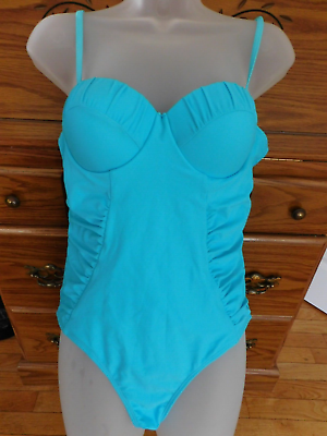#ad New Ruched Push Up One Piece Mint Blue Spaghetti Straps Polyester Bathing Suit M $25.00