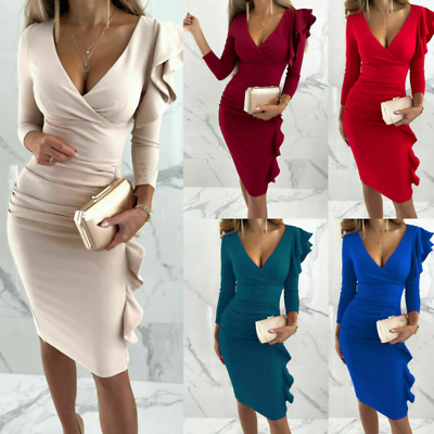 #ad #ad Womens V Neck Long Sleeve Ruffle Bodycon Dress Evening Party Cocktail Midi Dress $32.11