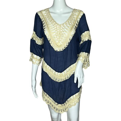 #ad Unbranded Crochet Beach Cover Up Blue Cream Short Sleeve V Neck Boho Size M $23.92