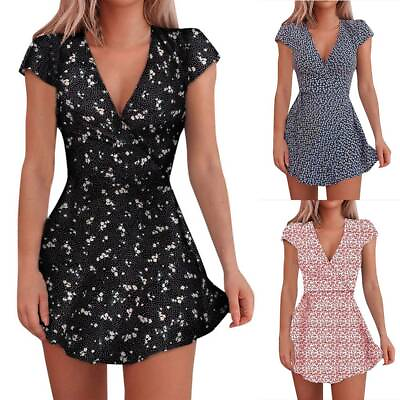 #ad Summer Women Sundress Boho V Neck Floral Print New Short Sleeve Beach Mini Dress $15.22