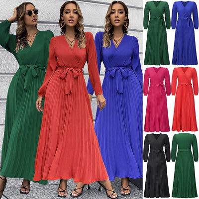#ad Spring Autumn Women#x27;s Cocktail Party Ball Gown V neck Long Sleeve Pleated Dress $39.15
