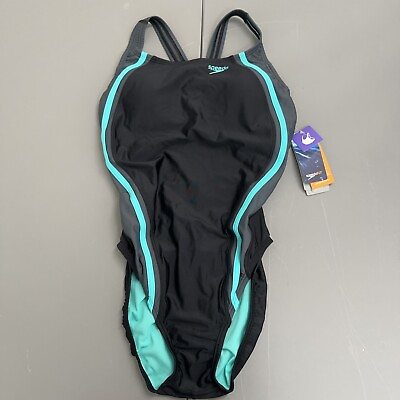 #ad NWT Speedo Swimsuit Women Black Turquoise Racer back One Piece HydroBra Lapsuit $25.00