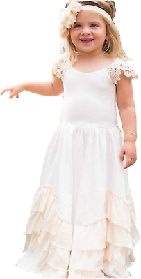 #ad Flower Girls Chiffon Ruffles Cotton Maxi Dresses Lace Cap Sleeves Layers Pageant $39.99