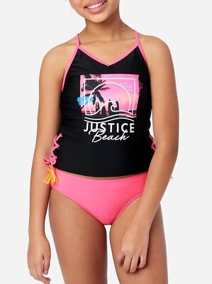 #ad JUSTICE Girls Swimsuit Tankini Bikini Swim PLUS SIZE 12 14 16 18 L XL lace up $33.75