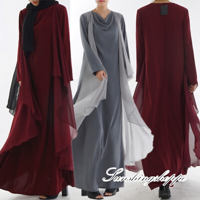 #ad Women Chiffon Long Sleeve Maxi Dress Arab Islamic Ramadan Abaya Kaftan Dubai NEW $57.30