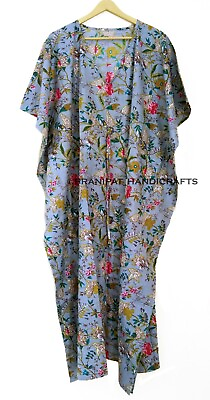 #ad Indian Gray Long Floral Print Cotton Hippie Maxi Women Nightwear Caftan Dress $22.55