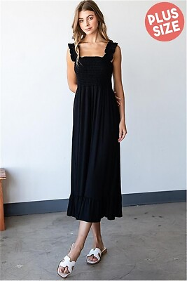 #ad Womens Plus Size Black Ruffled Midi Maxi Dress 1XL Smocked $29.95