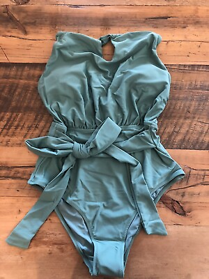 #ad CUPSHE Sage Green Tie Waist High Neck SWIM SUIT Large NWT Bathing Suit $14.99