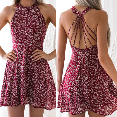 #ad Women Beach Summer Holiday Sundress Halter Floral Mini Dress Ladies $18.12