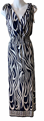 Studio West Navy Blue White Maxi Dress 1X Polyester Smocked Waist Sleeveless $16.99