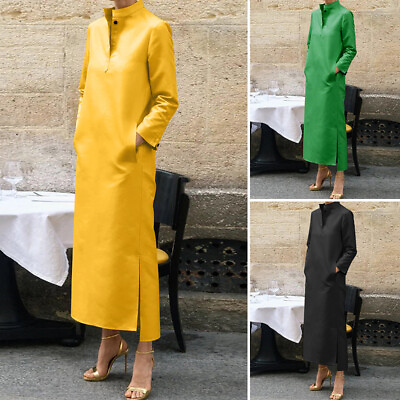 #ad ZANZEA Womens Formal Long Sleeve Mock Neck Long Dress Slit High Low Maxi Dresses GBP 21.99