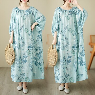 #ad Womens Cotton Linen Floral Round Neck Loose Sleeves Summer Beach Dress Maxi Gown $24.88
