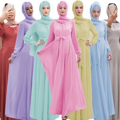 #ad Muslim Women Chiffon Long Sleeve Maxi Dress Islamic Kaftan Party Arab Robe Gown $52.59
