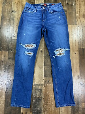 Arizona Junior Girls Jeans Size 7 Boyfriend Distressed Gold Accent Blue Denim $12.74