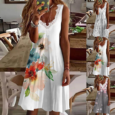 Women#x27;s Lace V Neck Boho Mini Tank Dress Sleeveless Holiday Beach Cami Sundress $19.69