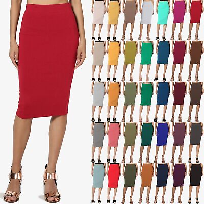 Women#x27;s Comfort Stretch Cotton Elastic High Waist Knee Midi Pencil Skirt S XL $13.99