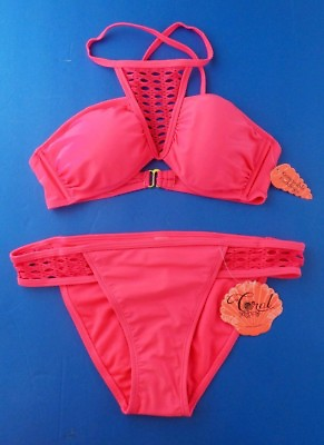 #ad Women#x27;s Swimsuit Swim Set XS S M L Coral Tropics Pink High Neck Bikini w Bottom $12.95