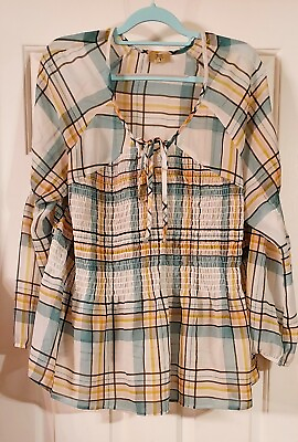 True Craft Plaid Boho Style Sheer Long Puff Sleeve Top Blouse Size 1X $13.89
