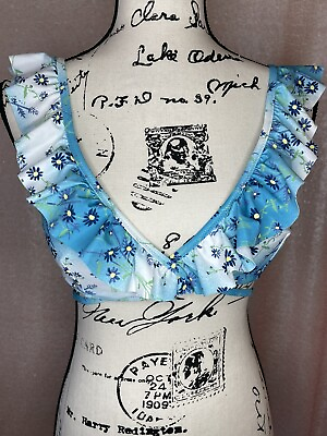#ad Aerie Scoop Bikini Top Floral ruffle blue white Size L NEW wrap around flirty $34.34