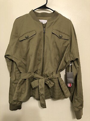 Nordstrom Signature Olive Green Women#x27;s Belted Utility Bomber Jacket Sz L NWT $89.99