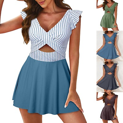 #ad Women#x27;s Ruffled One PC Swimsuits V Neck Control Cutout High Waisted Bathing Suit $27.49