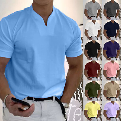 Mens Casual Short Sleeve Shirts Tee Summer Solid V Neck Blouse Slim Tops M 3XL $12.99