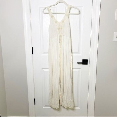 MAGIC Boho Lace Smocked Beaded Off White Maxi Dress Women’s Size Medium $34.99