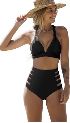 #ad SPORLIKE Women High Waisted Swimsuit Halter Triangle Bikini Push Up Black 2 Pc $10.99