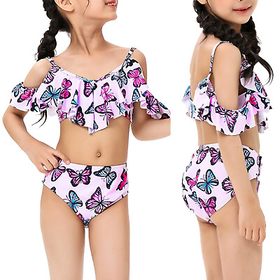 #ad Kids Girl Two Piece Swimsuit Butterfly Print Flounce Tank Top Panties Bikini Set $12.99