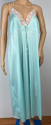 #ad VTG Sears Womens Long Maxi Nightgown Sz L 16 18 Lace Mint Greenish Blue Teal USA $26.00