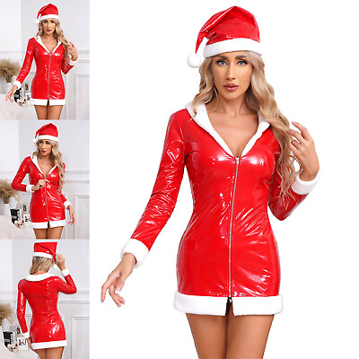 #ad Womens Party Dress Metallic Santa Claus Dress Wetlook Christmas Dress V Neck $12.67