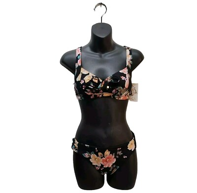 #ad #ad Becca 2 Piece Swimsuit Large Bikini Women#x27;s Swimwear Black Floral Keyhole Bow $34.98