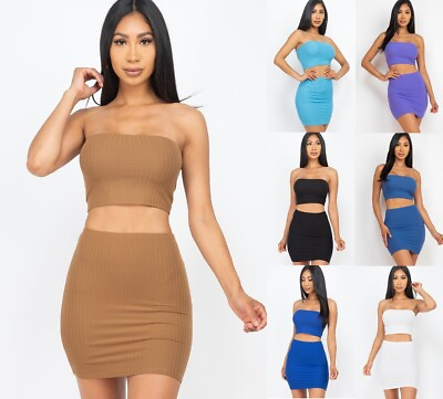 #ad Women#x27;s Ribbed Tube Top amp; Mini Skirt Sets Casual Strapless Sleeveless Stretch $12.99