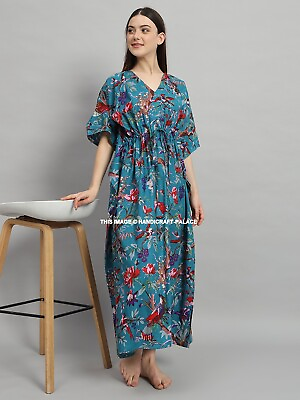 #ad Ladies Kaftan Long Maxi Dress Cotton Summer Beach Holiday Printed Dress One Size $33.99