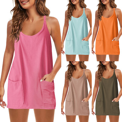 #ad #ad Women Sun Dresses Crew Neck Mini Dress Summer Beach Sleeveless Sundress Camisole $14.29