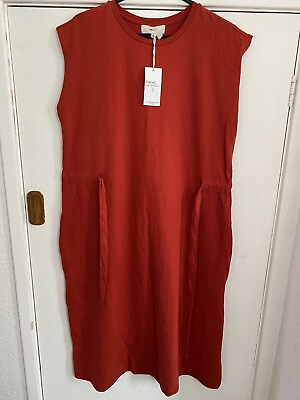 New Next Size 16 Orange Red Sleeveless Summer Dress Long Tie Waist 100% Cotton GBP 13.49