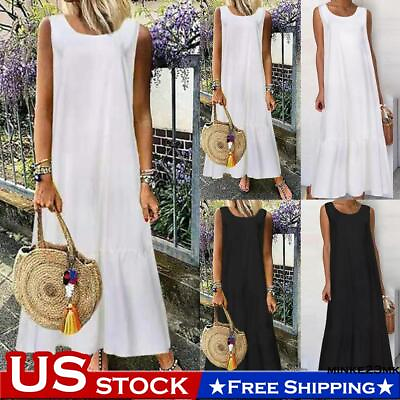 #ad Womens Casual Sleeveless Long Dress Ladies Summer Loose Cotton Linen Maxi Dress $21.33