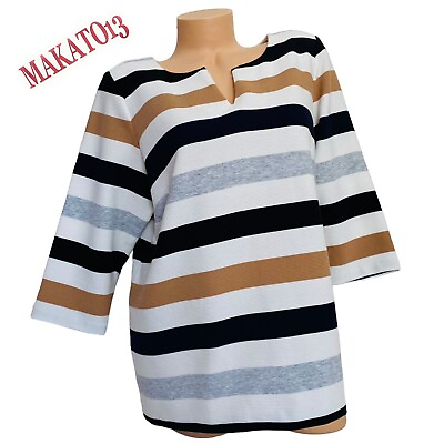 Talbots Womens 1X PLUS PETITE Striped Top 3 4 Sleeve V Neck Shirt Back Zipper $21.55